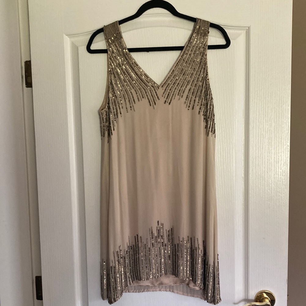 Parker Tan Sequin Sheath Mini Dress V-Neck Sleeveless